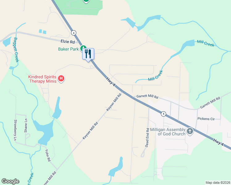 map of restaurants, bars, coffee shops, grocery stores, and more near 4907 Keyser Mill Road in Baker