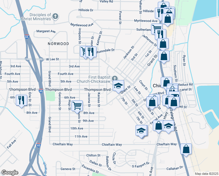map of restaurants, bars, coffee shops, grocery stores, and more near 54 Thompson Boulevard in Mobile