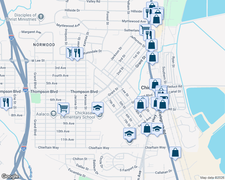 map of restaurants, bars, coffee shops, grocery stores, and more near 102 Grant Street in Chickasaw