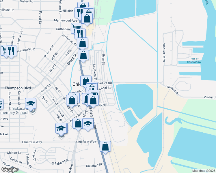 map of restaurants, bars, coffee shops, grocery stores, and more near 3 Canal Street in Chickasaw