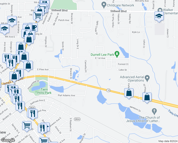 map of restaurants, bars, coffee shops, grocery stores, and more near 129 Camellot Court in Crestview