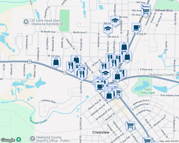map of restaurants, bars, coffee shops, grocery stores, and more near 897 Wilson Street North in Crestview