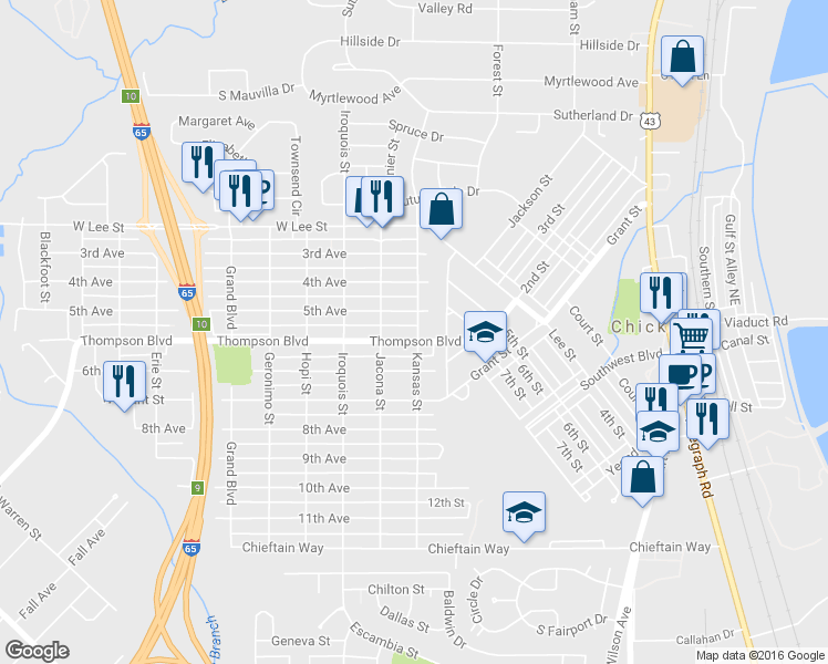 map of restaurants, bars, coffee shops, grocery stores, and more near 100 Thompson Boulevard in Chickasaw