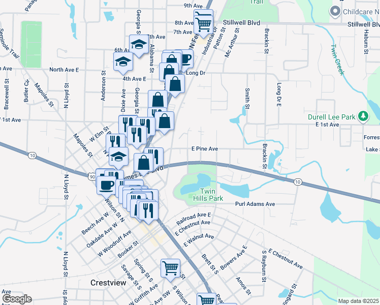 map of restaurants, bars, coffee shops, grocery stores, and more near 488 East James Lee Boulevard in Crestview
