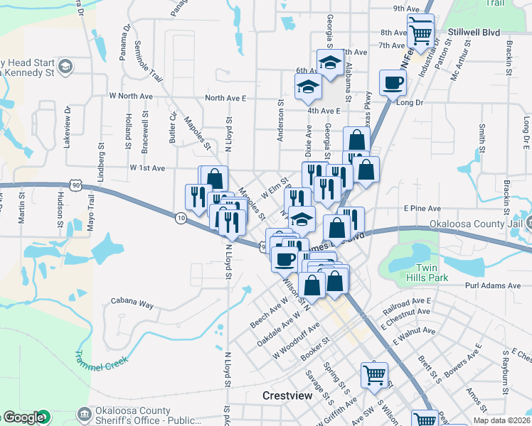 map of restaurants, bars, coffee shops, grocery stores, and more near 909 Mapoles Street in Crestview