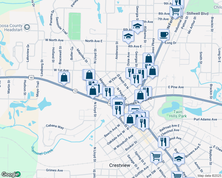 map of restaurants, bars, coffee shops, grocery stores, and more near 909 Mapoles Street in Crestview