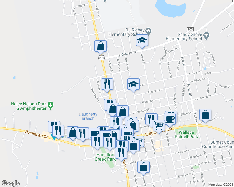 map of restaurants, bars, coffee shops, grocery stores, and more near 607 North Main Street in Burnet