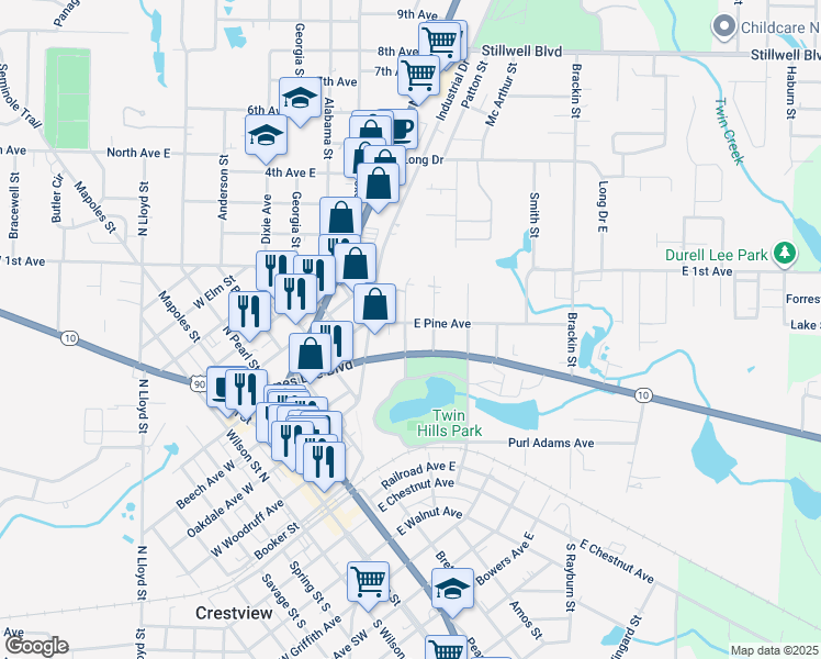 map of restaurants, bars, coffee shops, grocery stores, and more near 697 Green Street in Crestview