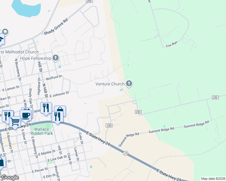 map of restaurants, bars, coffee shops, grocery stores, and more near Geneva Drive in Burnet