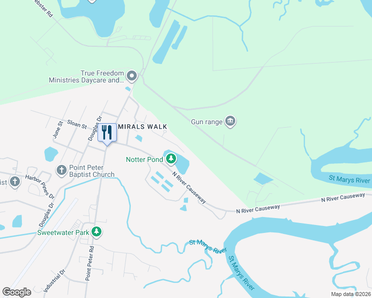 map of restaurants, bars, coffee shops, grocery stores, and more near 442 Admiral's Walk Drive in St. Marys