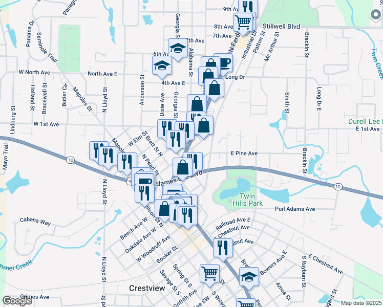 map of restaurants, bars, coffee shops, grocery stores, and more near 419 North Ferdon Boulevard in Crestview