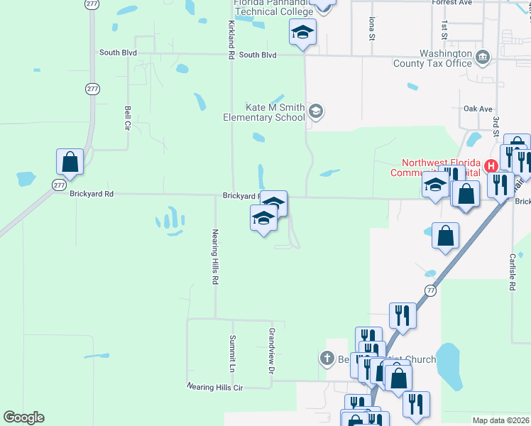 map of restaurants, bars, coffee shops, grocery stores, and more near 1535 Brickyard Road in Chipley