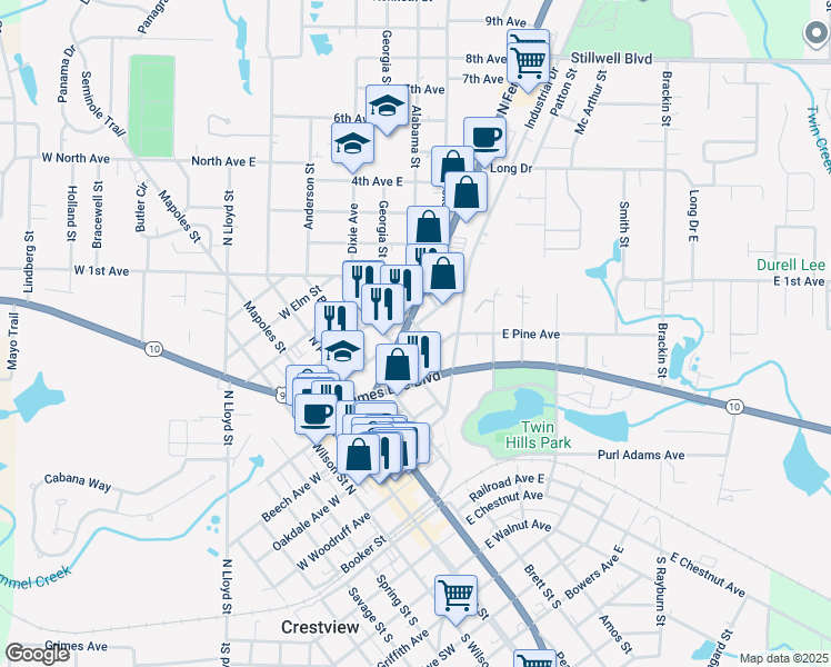 map of restaurants, bars, coffee shops, grocery stores, and more near 419 North Ferdon Boulevard in Crestview