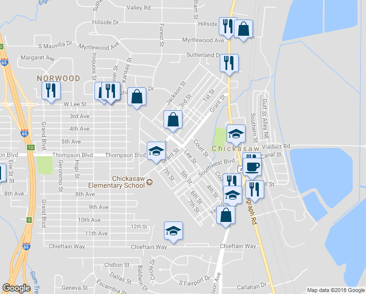 map of restaurants, bars, coffee shops, grocery stores, and more near 202 West Lee Street in Chickasaw