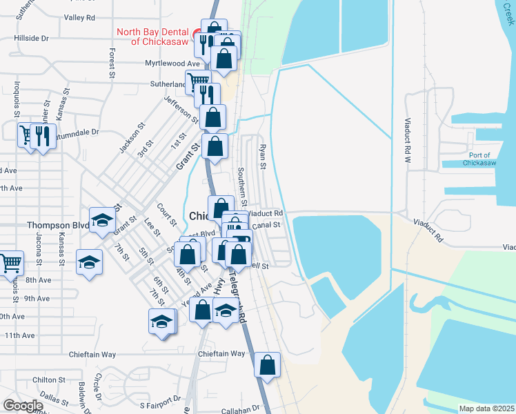 map of restaurants, bars, coffee shops, grocery stores, and more near 39 Gulf Street in Chickasaw