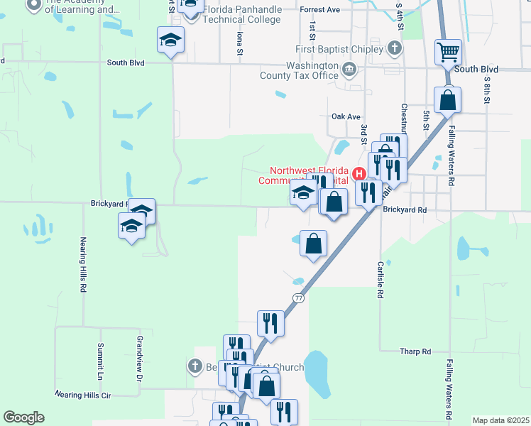 map of restaurants, bars, coffee shops, grocery stores, and more near 1413 Brickyard Road in Chipley