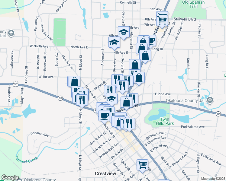 map of restaurants, bars, coffee shops, grocery stores, and more near 831 McCaskill Street in Crestview
