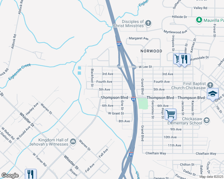 map of restaurants, bars, coffee shops, grocery stores, and more near 500 5th Avenue in Chickasaw