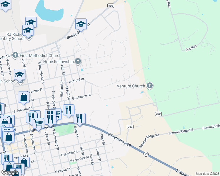 map of restaurants, bars, coffee shops, grocery stores, and more near 1501 Wofford Drive in Burnet