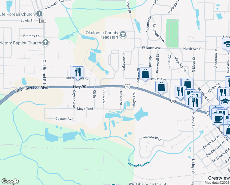 map of restaurants, bars, coffee shops, grocery stores, and more near 633 West James Lee Boulevard in Crestview
