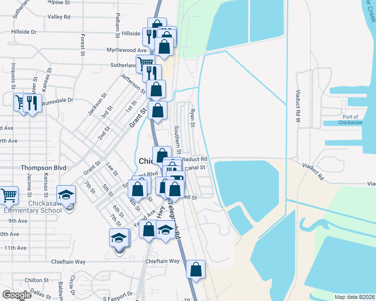 map of restaurants, bars, coffee shops, grocery stores, and more near 39 Gulf Street in Chickasaw