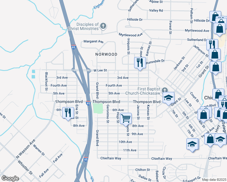 map of restaurants, bars, coffee shops, grocery stores, and more near 256 5th Avenue in Mobile