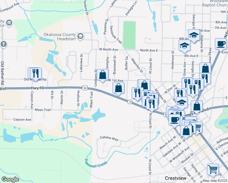 map of restaurants, bars, coffee shops, grocery stores, and more near 420 U.S. 90 in Crestview