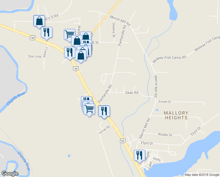 map of restaurants, bars, coffee shops, grocery stores, and more near Shady Acres Lane in Marianna