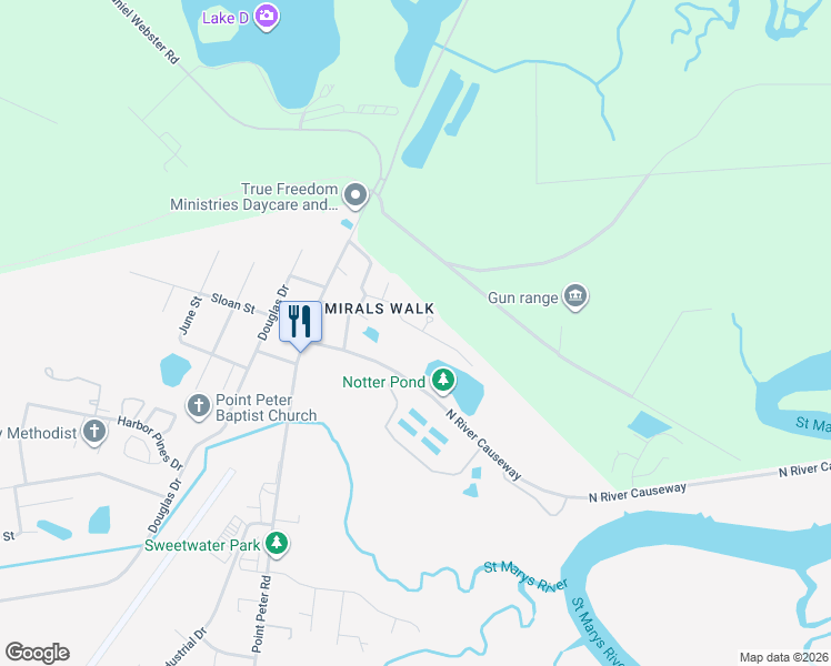 map of restaurants, bars, coffee shops, grocery stores, and more near 304 Admiral's Walk Drive in St. Marys