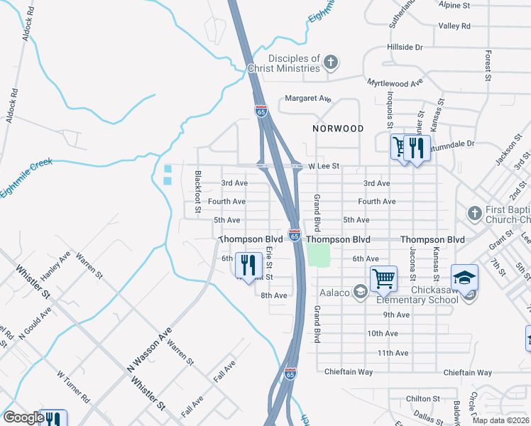 map of restaurants, bars, coffee shops, grocery stores, and more near 457 4th Avenue in Chickasaw