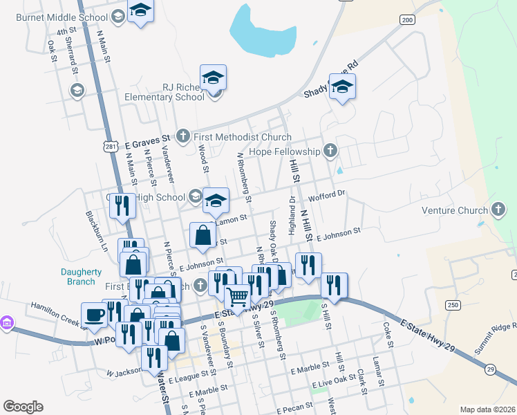 map of restaurants, bars, coffee shops, grocery stores, and more near 706 East Lamon Street in Burnet