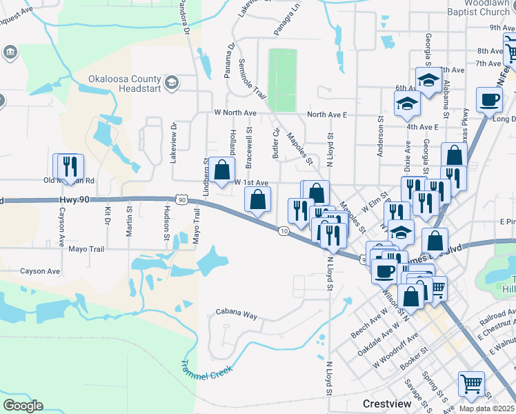 map of restaurants, bars, coffee shops, grocery stores, and more near 420 U.S. 90 in Crestview