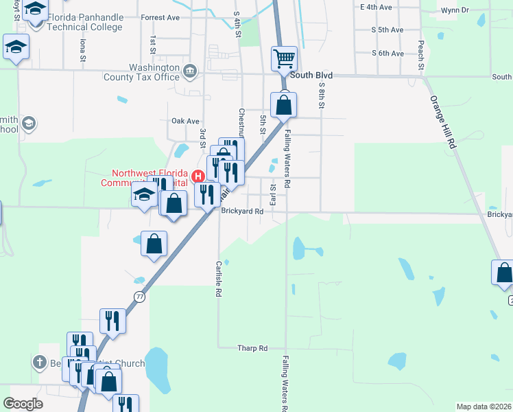 map of restaurants, bars, coffee shops, grocery stores, and more near 858-1002 South 5th Street in Chipley