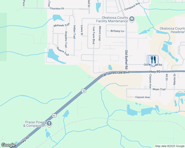 map of restaurants, bars, coffee shops, grocery stores, and more near 5405 Lee Farm Boulevard in Crestview
