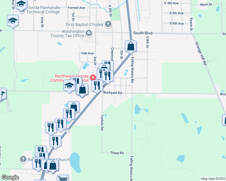 map of restaurants, bars, coffee shops, grocery stores, and more near 1328 Brickyard Road in Chipley