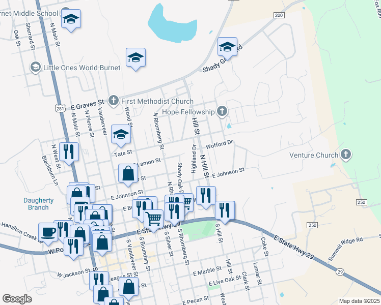 map of restaurants, bars, coffee shops, grocery stores, and more near 320 Highland Drive in Burnet