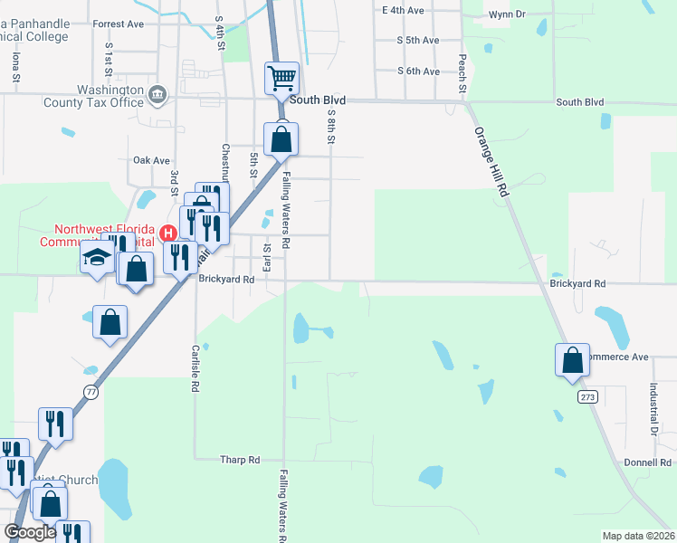 map of restaurants, bars, coffee shops, grocery stores, and more near 1254 Brickyard Road in Chipley