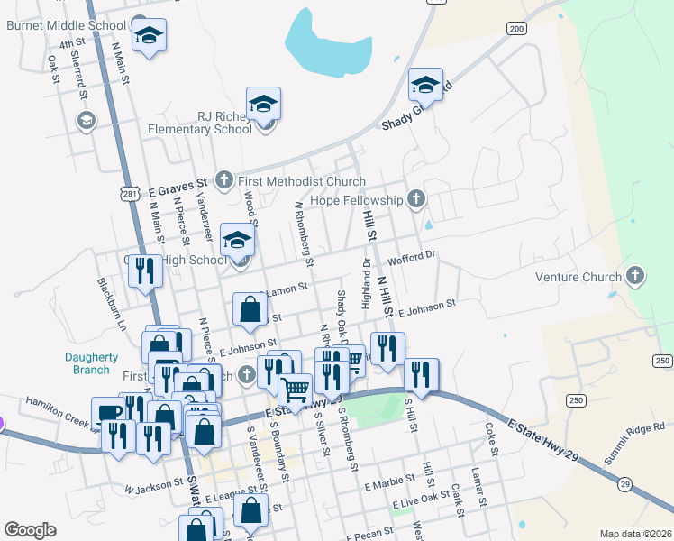 map of restaurants, bars, coffee shops, grocery stores, and more near 706 East Lamon Street in Burnet