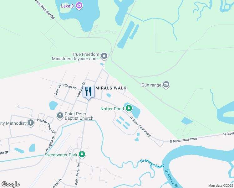 map of restaurants, bars, coffee shops, grocery stores, and more near 304 Admiral's Walk Drive in St. Marys