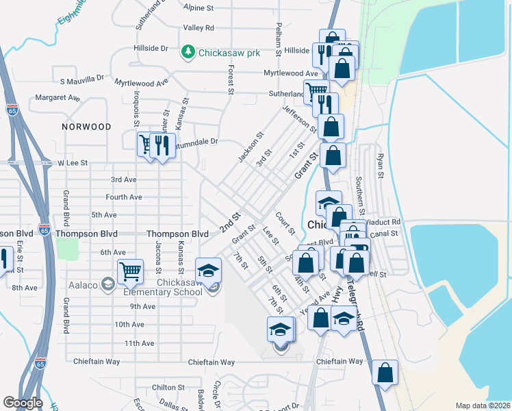 map of restaurants, bars, coffee shops, grocery stores, and more near 204 2nd Street in Chickasaw