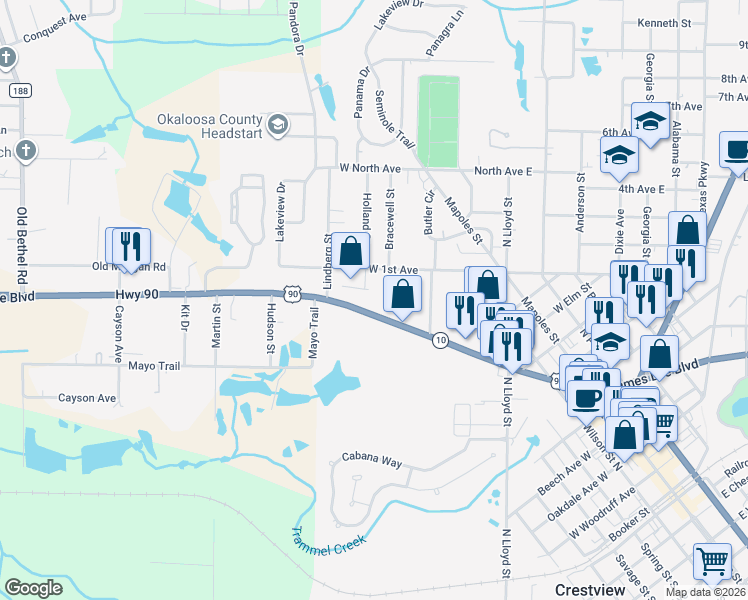 map of restaurants, bars, coffee shops, grocery stores, and more near 420 U.S. 90 in Crestview