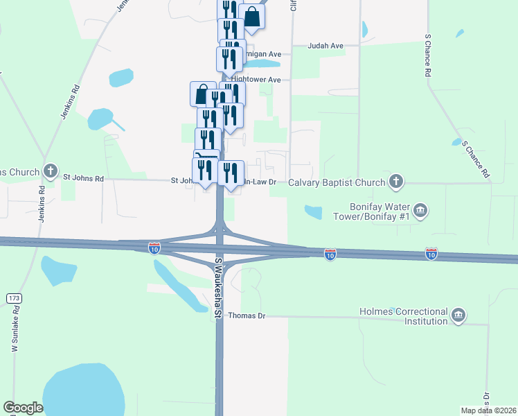map of restaurants, bars, coffee shops, grocery stores, and more near 15 Son-In-Law Drive in Bonifay
