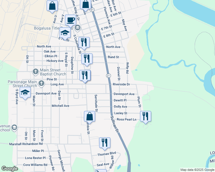 map of restaurants, bars, coffee shops, grocery stores, and more near 1738 Riverside Drive in Bogalusa