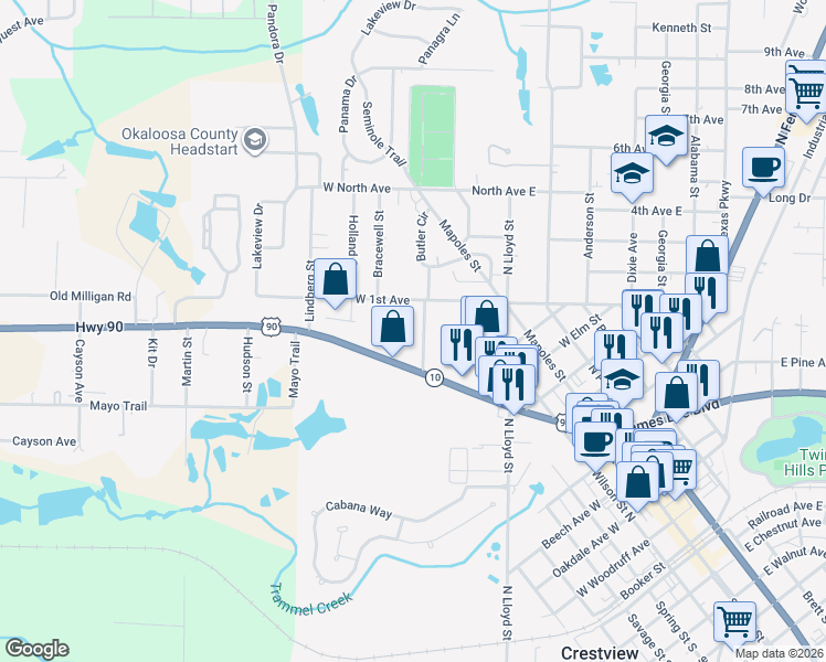 map of restaurants, bars, coffee shops, grocery stores, and more near 220 Coleman Street in Crestview