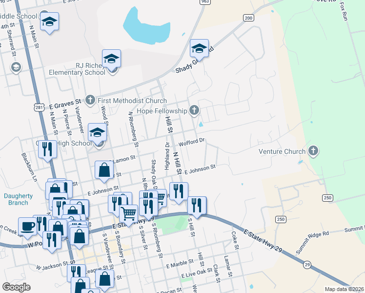 map of restaurants, bars, coffee shops, grocery stores, and more near 903 Wofford Drive in Burnet