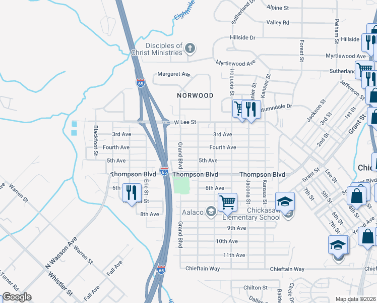 map of restaurants, bars, coffee shops, grocery stores, and more near 307 4th Avenue in Chickasaw