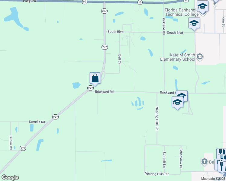 map of restaurants, bars, coffee shops, grocery stores, and more near 1652 Brickyard Road in Chipley