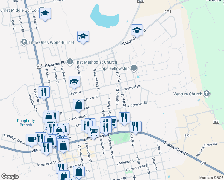 map of restaurants, bars, coffee shops, grocery stores, and more near 320 Highland Drive in Burnet