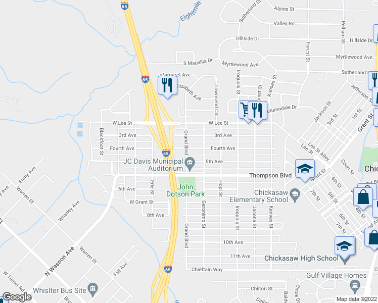 map of restaurants, bars, coffee shops, grocery stores, and more near 315 4th Avenue in Chickasaw