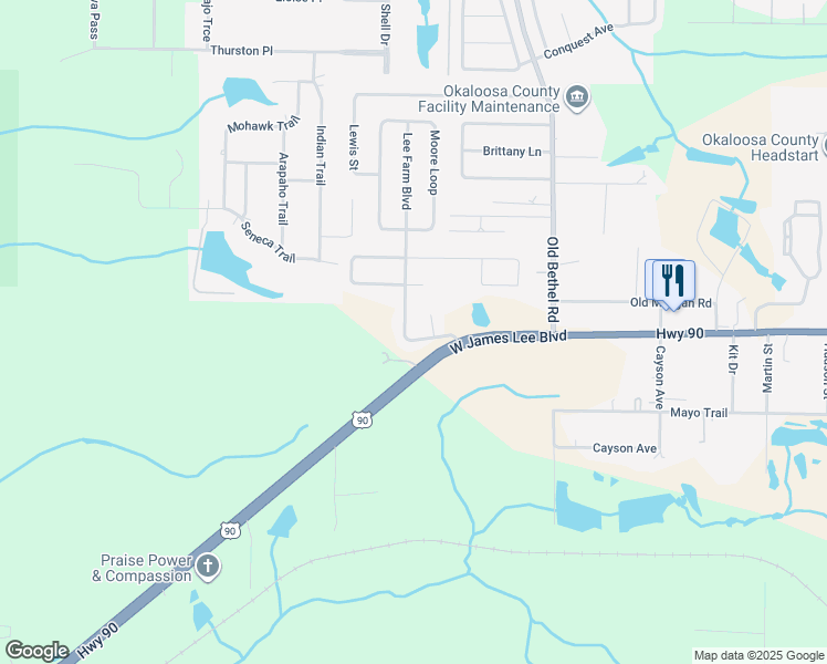 map of restaurants, bars, coffee shops, grocery stores, and more near 5405 Lee Farm Boulevard in Crestview